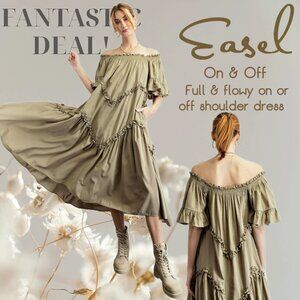 EASEL “On & Off” Full Flowy Ruffle Trim Lightweight V-Neck & Off Shoulders Dress